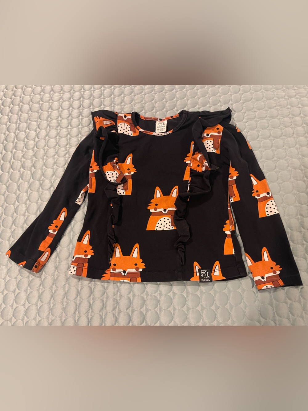 KUKUKID Poland Black Ruffle Long Sleeve T-Shirt Orange Foxes Sz 3/4 US 98/104